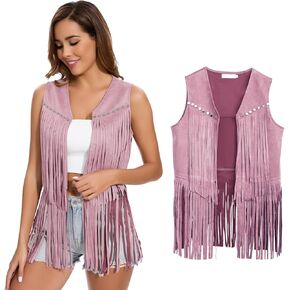 Women's Fringe Vest 60s 70s Hippie Vest Sleeveless Cowgirl Western Faux Suede Tassel Leather Jacket Hippie Party Halloween