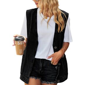 Women's Casual Denim Jean Vest Oversized Sleeveless Mid Long Button Down Jeans Jackets Vests Tops Waistcoat ﻿