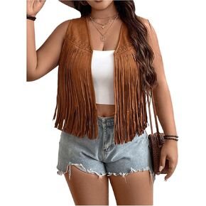 Women's Plus Size Faux Suede Fringe Crop Jacket Vintage Studded Detail Open Front Sleeveless Vest