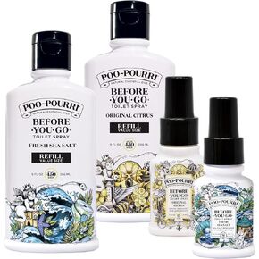 Poo-Pourri قبل رذاذ المرحاض ، الحمضيات الأصلية وملح البحر الطازج ، زجاجة Reill 9 Fl Oz X2 و 1.4 Fl Oz Spor