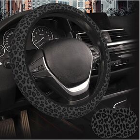 Car Steering Wheel Cover with 2 Pcs Ceramic Absorbent Cupholder Coasters, Black Leopard Cheetah Print Car Accessories Decorations for Women, Fit 14.5-15 Inch Auto, Suvs, Truck