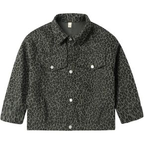 LittleSpring Girls Denim Jacket with Leopard Priting Casual Jean Outerwear