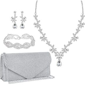 4 Pieces Silver Clutch Purses Rhinestone Crystal Choker Necklace Teardrop Dangle Earrings Link Tennis Bracelet Jewelry Set Evening Bag Handbag Crossbody Envelope for Women
