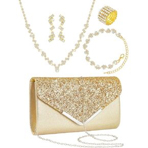 Henoyso 5 Pcs Purse Rhinestone Jewelry Set Prom Jewelry Rhinestone Clutch Purse Bride Necklace Earrings Bracelets for Women