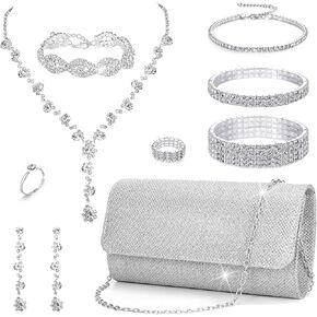 EIELO Purse Rhinestone Bridal Jewelry Sets for Women Clutch Purse Necklace Earrings Bracelet Jewelry Sets for Wedding Bridal Bridesmaid Gifts Evening Party Prom Jewelry Set
