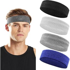 4 Pack Sweatbands for Men & Women, Cotton Terry Headbands for Sports, Gym, Running, Basketball, and Workouts
