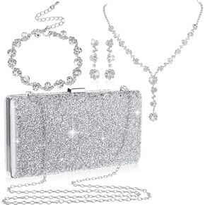 Mixweer 4 Pieces Clutch Purses Bag for Women Evening Rhinestone Jewelry Set Bling Necklace Earrings Bracelets Set for Wedding