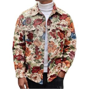 Men's Vintage Floral Embroidery Jackets Collared Neck Long Sleeve Jackets Button Down Drop Shoulder Outerwear
