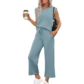 SAMPEEL Two Piece Sets for Women Casual Travel Vacation Outfits Summer Wide Leg Crop Pants Lounge Sets in Kuwait