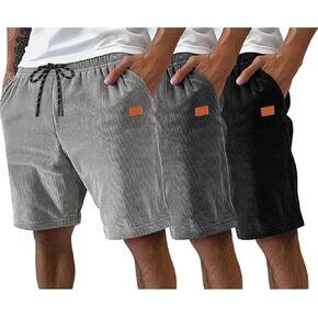 Neer 3 Pack Men's Corduroy Shorts, Casual Elastic Waist Drawstring Shorts Lightweight Summer Stretch Beach Short with Pockets