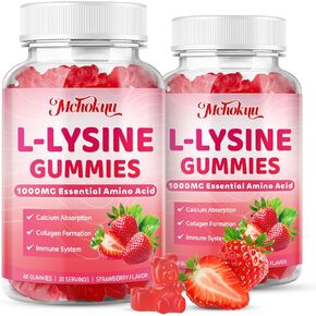 L-Lysine 1000mg Gummies, Chewable Lysine Supplement for Adults & Kids Immune Support, Essential Amino Acid, Vegetarian, Non-GMO, Sugar-Free, Gluten Free, Strawberry Flavor, 60 Counts