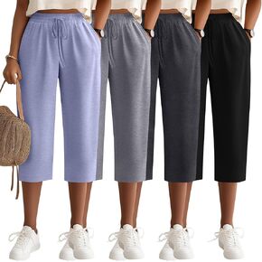 Neer 4 Pack Women's Cotton Capri Pants, Loose Drawstring Workout Capris Sweatpant Summer Casual Yoga Cropped Pant with Pocket