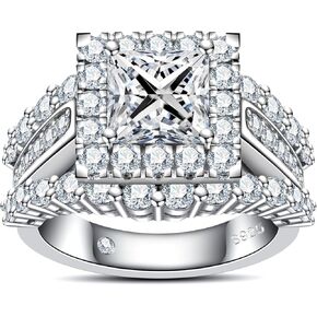 AnuClub Princess/Cushion/Oval Cut Moissanite Engagement Rings 3-3.884cttw D Color VVS1 925 Sterling Silver 3 Rows Vintage Halo Wedding Promise Statement Rings for Women with Certificate