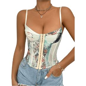 OYOANGLE Women's Graphic Print Boned Lace Up Bustiers Spaghetti Strap Renaissance Vintage Corset