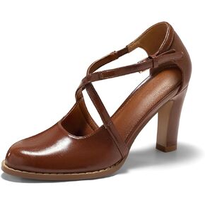Coutgo Womens chunky High Cheels Dress Shoes مغلق مقاطع نصية مدببة مضخات مشبك حزام عتيقة أحذية حفلة D'Orsay