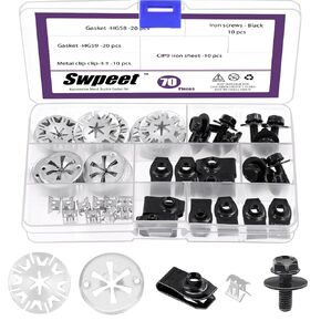 Swpeet 70Pcs Exhaust Heat Shield Clips Metal Locking Star Washers with Auto Car U-Clip and Screws Assortment Kit, Stainless Steel Clamping Discs Heat Protector for Auto Under The Hood