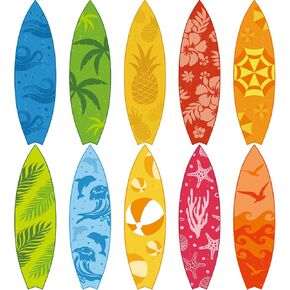 10 Pcs Surfboard Cut Outs 28 x 9.45 Inch Tropical Beach Decoration Hawaii Cutouts Paper Surfboard Sign Summer Bulletin Board Decoration for Pool Party Home Wall Decor