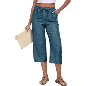 Womens Summer Capri Pants Wide Leg Elastic Waist Casual Business Pants Loose Work Lounge Trousers with Pockets