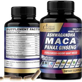 Organic Cadane Maca Root, Ashwagandha, Panax Ginseng Supplement - 90 Capsules 3 Months with Fenugreek, Tongkat Ali & More - Support for Strength, Stamina, Energy Production & Immunity