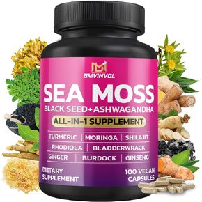 BMVINVOL Sea Moss Black Seed Shilajit Ashwagandha + Bladderwrack, Ginger, Moringa, Turmeric, Burdock, Ginseng, Rhodiola Rosea - 100 Capsules