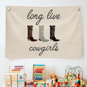 Trendy Long Live Cowgirls Banner Wall Decor, Western Flags for Bedroom Teen Girls, Rustic Country Cowgirl Boots Canvas Banner Wall Hanging Banner, Girly Wall Flags for Kids Room Playroom College Dorm Decor