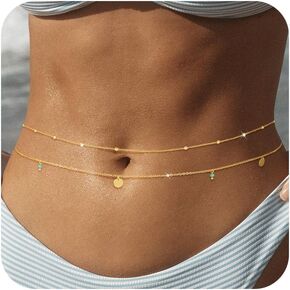 Beriso 14k سلسلة جسم مطلي بالذهب للنساء - سلسلة حبات الخصر المثيرة ، مجوهرات جسم شاطئية قابلة للتعديل ، سلسلة بطن بيكيني أنيقة ، مجوهرات جسم مهرجان بوهو (26.5-33 بوصة)