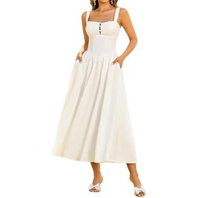 KUTUMAI Women Summer Lace Square Neck Midi Dress Corset Smocked Flowy A Line Beach Wedding Guest Dresses with Pockets