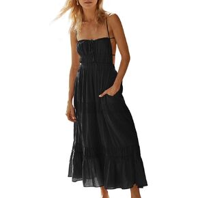 Wenrine Womens Summer Beach Dresses Backless Spaghetti Straps Self Tie Tiered Flowy Casual Maxi Dress with Pockets