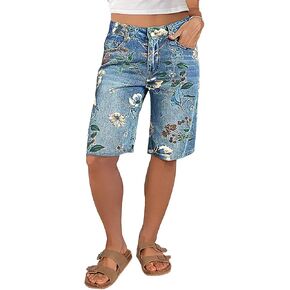 Flamingals High Waisted Bermuda Shorts for Women Knee Length Floral Print Stretchy Summer Denim Shorts Trendy