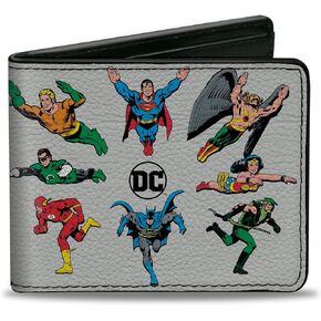 محفظة DC Comics DC-Down ، Bifold ، DC Justice League Retro Superhero Group Pose White ، Levegan Leather