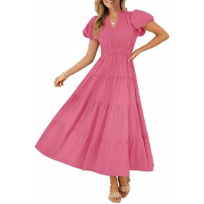 ZESICA Women's Summer Casual Maxi Dress 2025 Puff Short Sleeve V Neck Ruffle Tiered Flowy Boho Beach Dresses
