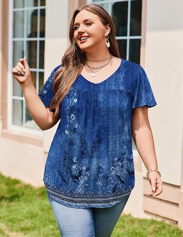 in'Voland plus size womens الكشكش الأكمام قمم Tunic Tops v العنق القمصان الصيفية طباعة الأزهار قمم بلوزة أنيقة in Saudi Arabia