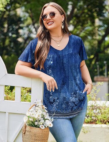 in'Voland plus size womens الكشكش الأكمام قمم Tunic Tops v العنق القمصان الصيفية طباعة الأزهار قمم بلوزة أنيقة in Saudi Arabia