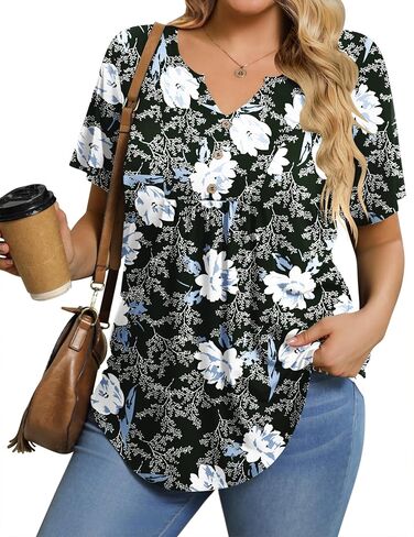 IN'VOLAND Womens Plus Size Tunic Top Summer Short Sleeve T-Shirt V-neck Button Up Dressy Blouse Casual Pleated Pullover 1X-5X in Saudi Arabia