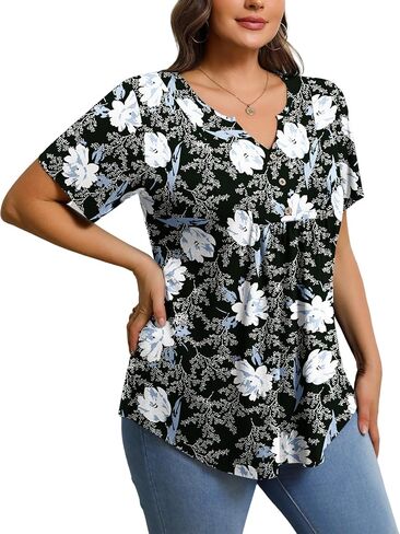 IN'VOLAND Womens Plus Size Tunic Top Summer Short Sleeve T-Shirt V-neck Button Up Dressy Blouse Casual Pleated Pullover 1X-5X in Saudi Arabia