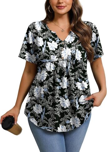 IN'VOLAND Womens Plus Size Tunic Top Summer Short Sleeve T-Shirt V-neck Button Up Dressy Blouse Casual Pleated Pullover 1X-5X in Saudi Arabia