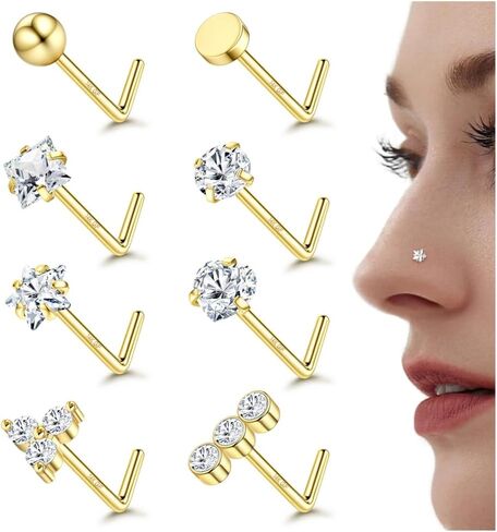 MILACOLATO 14K Gold Filled Nose Ring Studs Hypoallergenic 316L Surgical Stainless Steel Nose Rings 18G 20G L Shaped Nose Nostril Piercing Jewelry for Women Men in Saudi Arabia