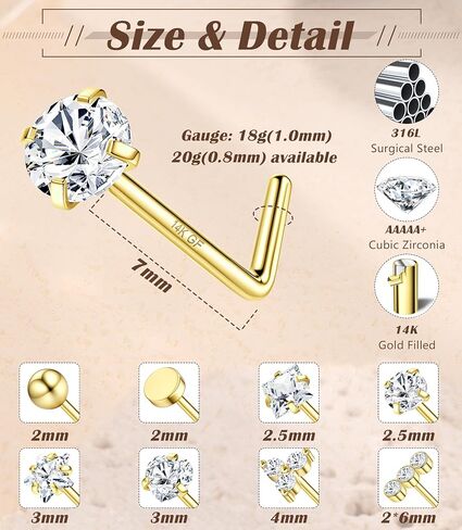 MILACOLATO 14K Gold Filled Nose Ring Studs Hypoallergenic 316L Surgical Stainless Steel Nose Rings 18G 20G L Shaped Nose Nostril Piercing Jewelry for Women Men in Saudi Arabia