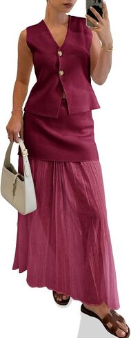 Cicy Bell Womens Summer 2 Piece Outfits V Neck Sleeveless Blazer Waistcoat and Mesh Maxi Skirt Suit Sets in Kuwait