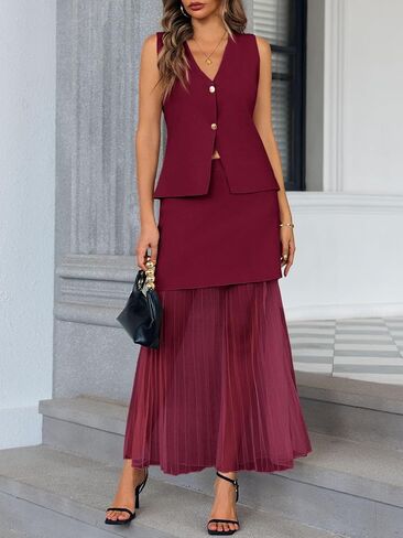 Cicy Bell Womens Summer 2 Piece Outfits V Neck Sleeveless Blazer Waistcoat and Mesh Maxi Skirt Suit Sets in Kuwait
