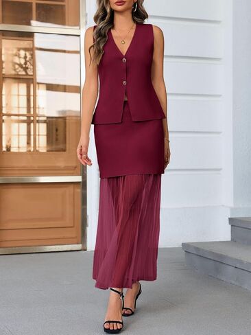 Cicy Bell Womens Summer 2 Piece Outfits V Neck Sleeveless Blazer Waistcoat and Mesh Maxi Skirt Suit Sets in Kuwait