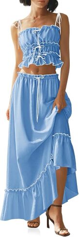 Wenrine Women's Summer 2 Piece Skirt Sets Casual Spaghetti Straps Cropped Cami Ruffle Maxi Skirt Flowy Beach Outfit in Saudi Arabia