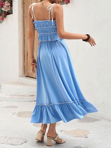 Wenrine Women's Summer 2 Piece Skirt Sets Casual Spaghetti Straps Cropped Cami Ruffle Maxi Skirt Flowy Beach Outfit in Saudi Arabia