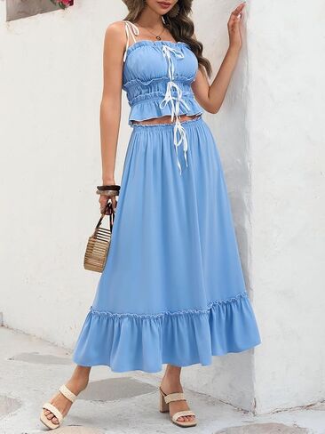 Wenrine Women's Summer 2 Piece Skirt Sets Casual Spaghetti Straps Cropped Cami Ruffle Maxi Skirt Flowy Beach Outfit in Saudi Arabia
