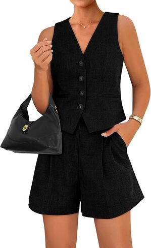 BTFBM Women's Blazer 2 Piece Outfits Summer 2025 Casual Business Clothes Sleeveless Button Down Vest Shorts Lounge Sets in Saudi Arabia