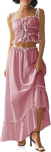 Wenrine Women's Summer 2 Piece Skirt Sets Casual Spaghetti Straps Cropped Cami Ruffle Maxi Skirt Flowy Beach Outfit in Saudi Arabia