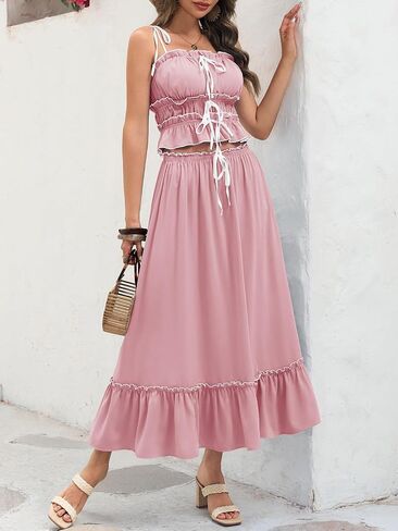Wenrine Women's Summer 2 Piece Skirt Sets Casual Spaghetti Straps Cropped Cami Ruffle Maxi Skirt Flowy Beach Outfit in Saudi Arabia