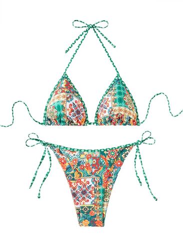 المرأة قطعتين الأزهار بيكيني بوهو الرسن مثلث بيكيني مجموعة التعادل الظهر ملابس السباحة ثوب السباحة بحر ملابس السباحة in Kuwait