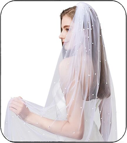 Pearl Wedding Veil for Brides, 1 Tier Veils for Women Wedding, Bridal Veil with Metal Comb 230cm/91in in Kuwait