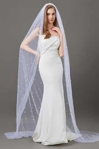 Pearl Wedding Veil for Brides, 1 Tier Veils for Women Wedding, Bridal Veil with Metal Comb 230cm/91in in Kuwait